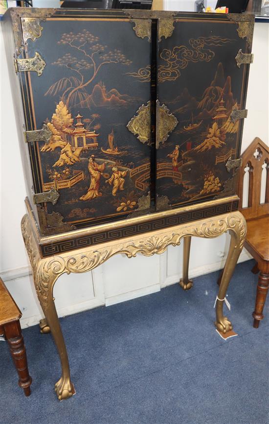 A Queen Anne style lacquered cabinet on carved giltwood stand W.80cm